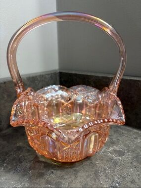 Vintage Pink Carnival Glass Decorative Basket with Handle